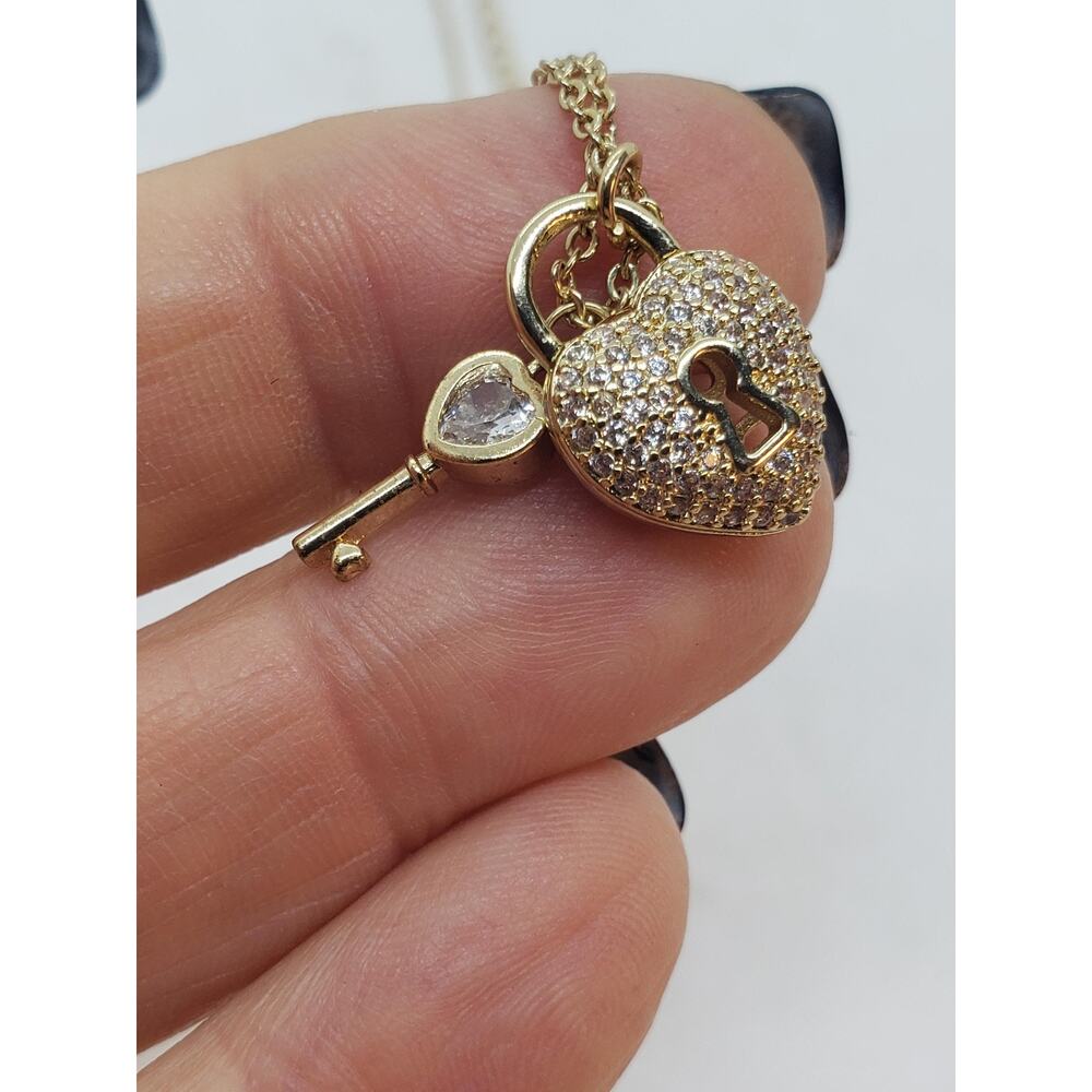 14k Gold Plated Heart Lock & Key Pendant Necklace Rhinestones Love Charm Gift - Picture 8 of 10